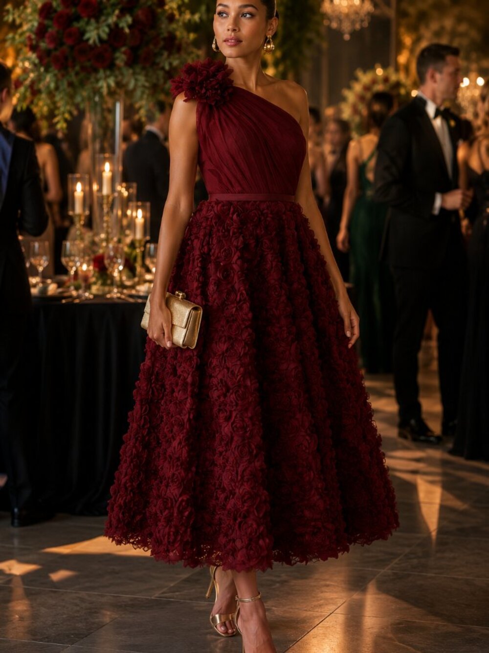 Mac Duggal Ieena One Shoulder Rosette Midi Dress Wine NWT Size 4 - Picture 4 of 6